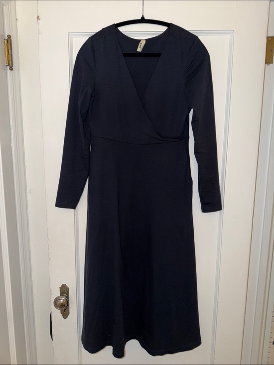 Pact Dresses & Skirts - PACT Dark Ink Blue Sleeve Faux Wrap Dress size S